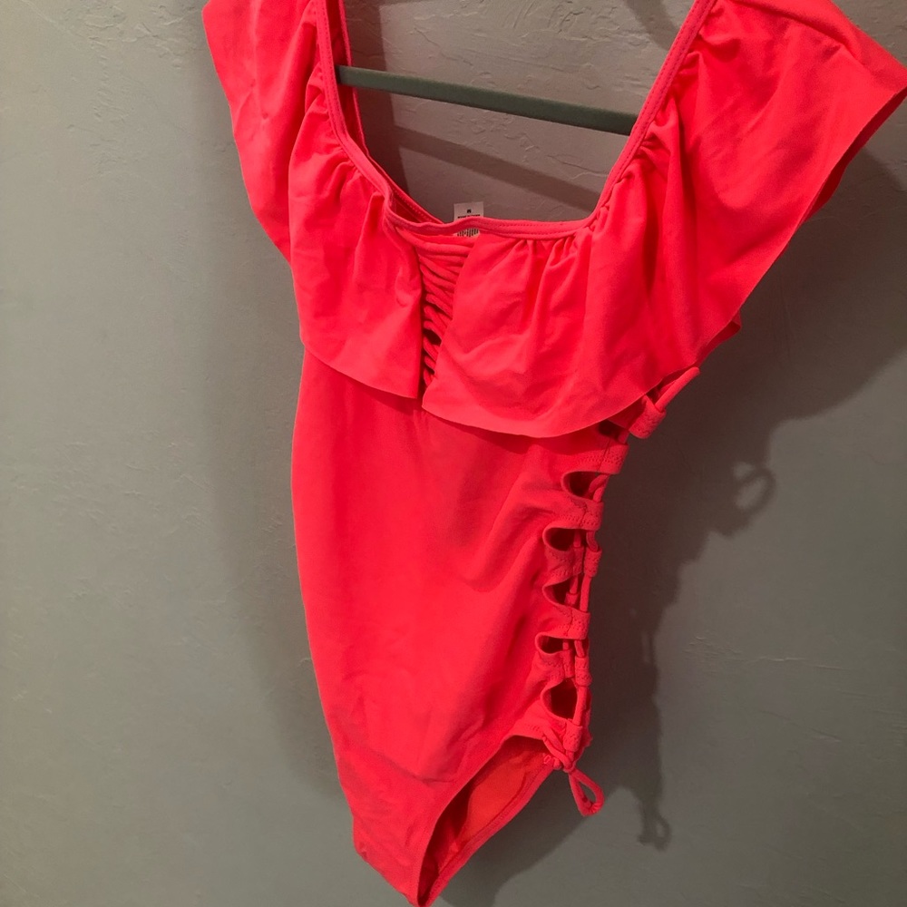 Watermelon orange one piece swimsuit.